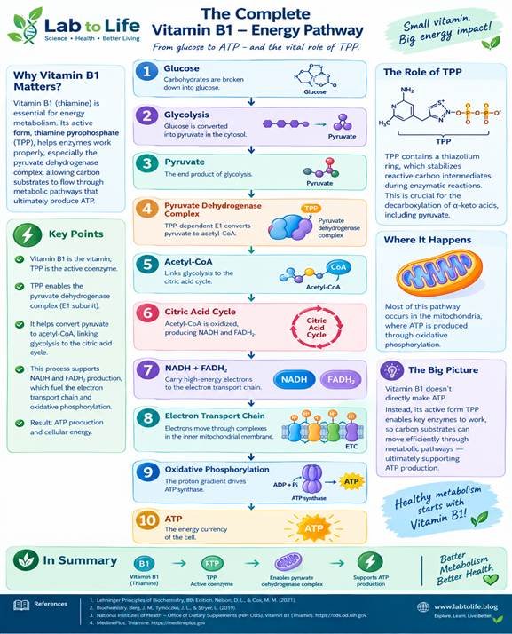 Vitamin B1 TPP pyruvate dehydrogenase acetyl CoA citric acid cycle ATP flowchart