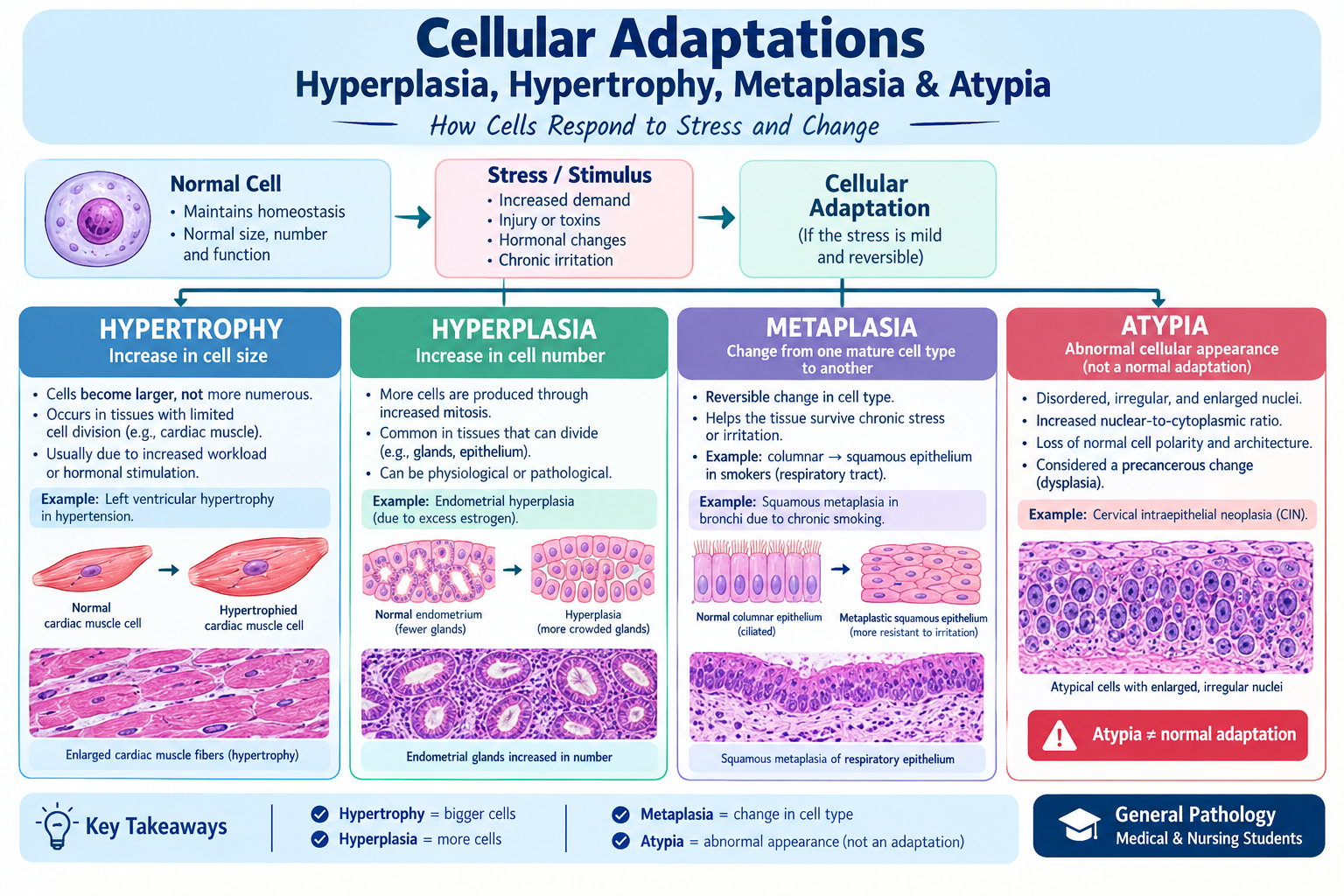 Cellular adaptation in pathology showing hypertrophy, hyperplasia, atrophy, metaplasia and atypia